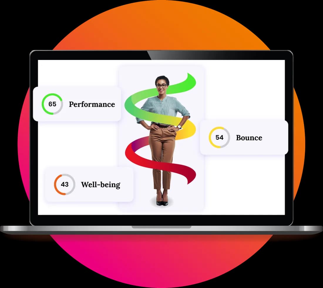 A Resilience Assessment personal report on a laptop, showing Performance, Bounce and Well-being scores
