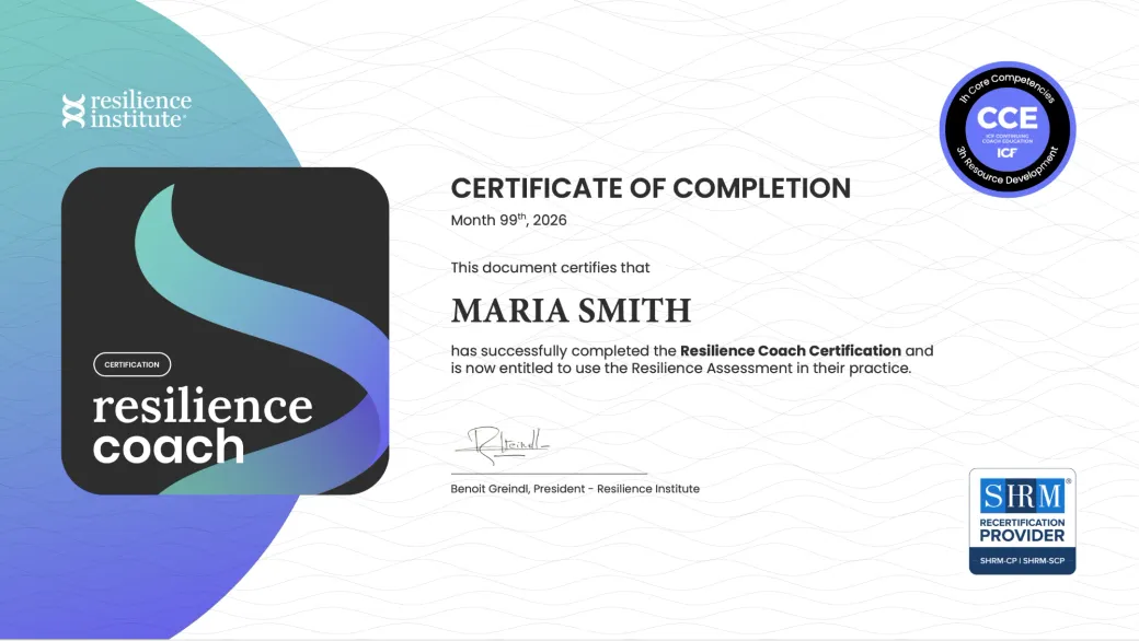 Sample Certified Resilience Coach certificate