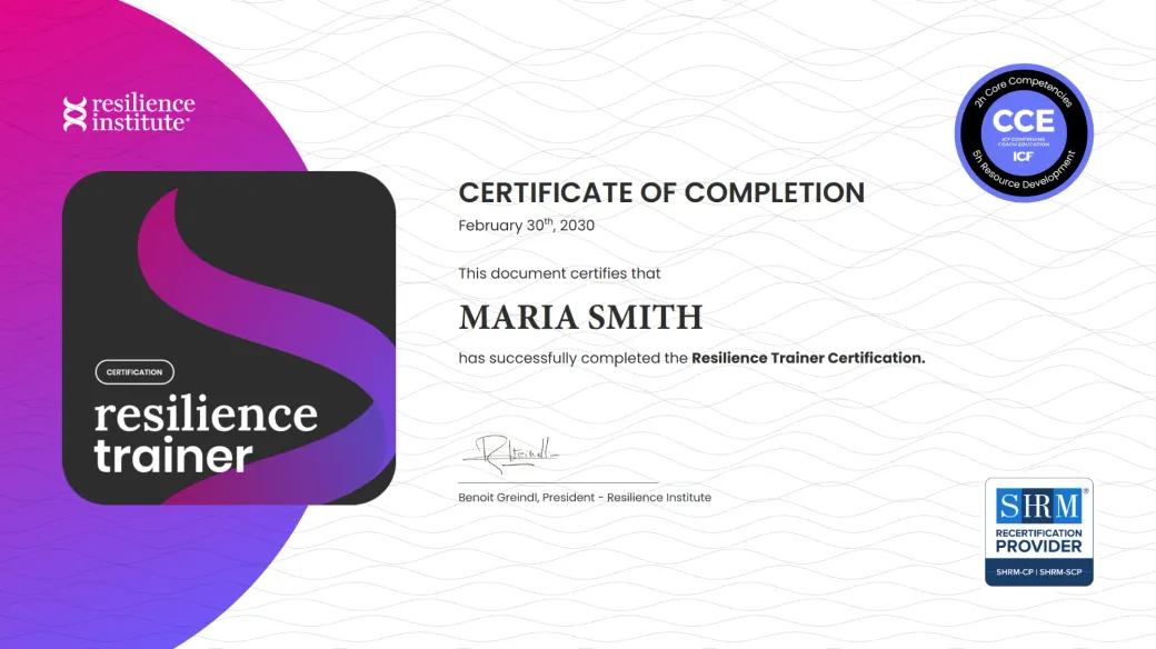 Sample Certified Resilience Trainer certificate